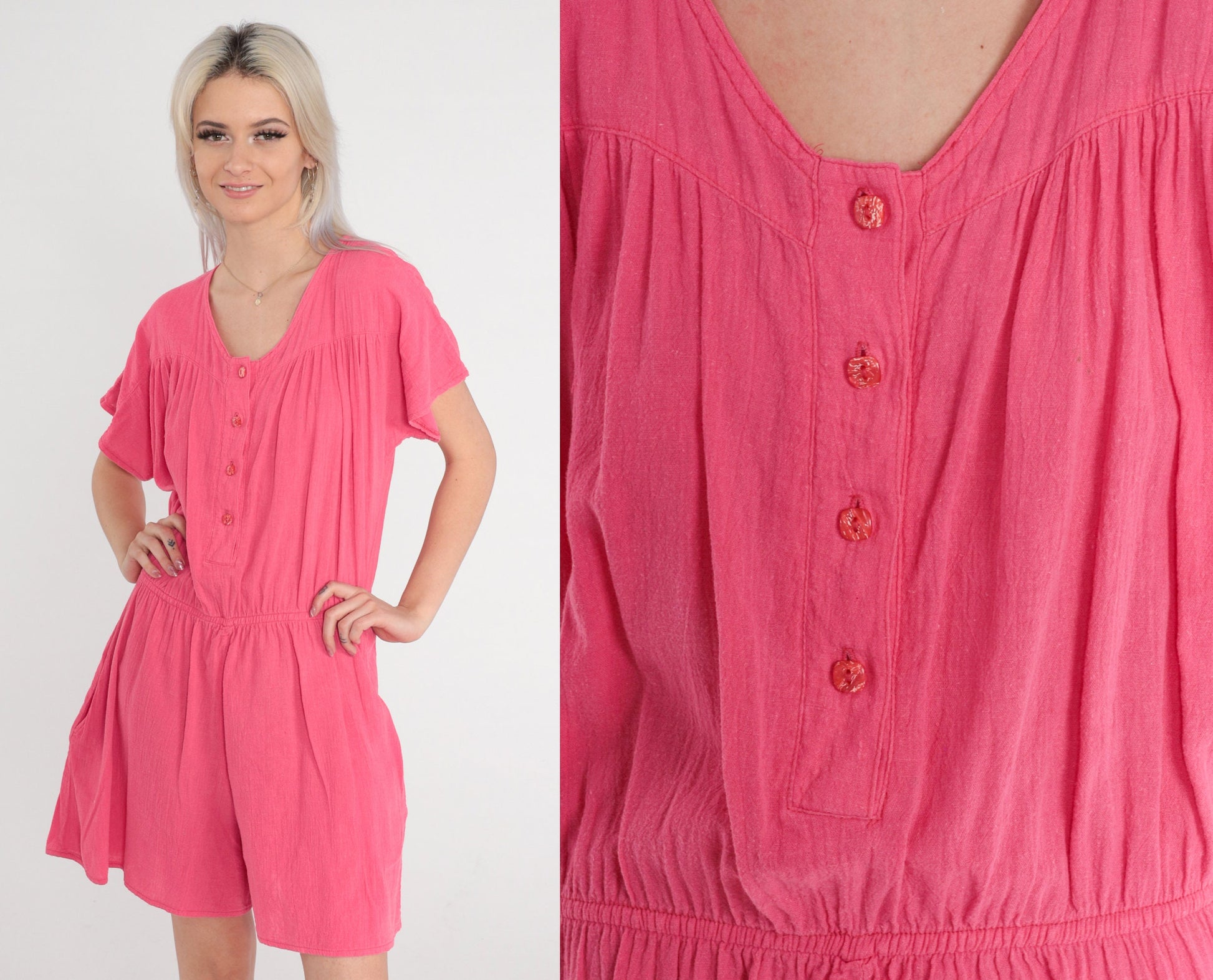 80s Pink Cotton Romper High Waisted Button Front Short Sleeve Small