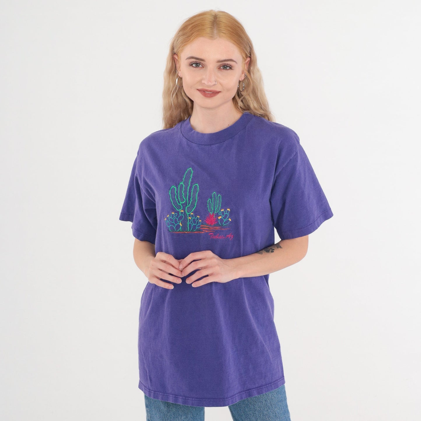 90s Tubac Arizona Cactus Embroidered T-Shirt Purple Graphic Tee Medium
