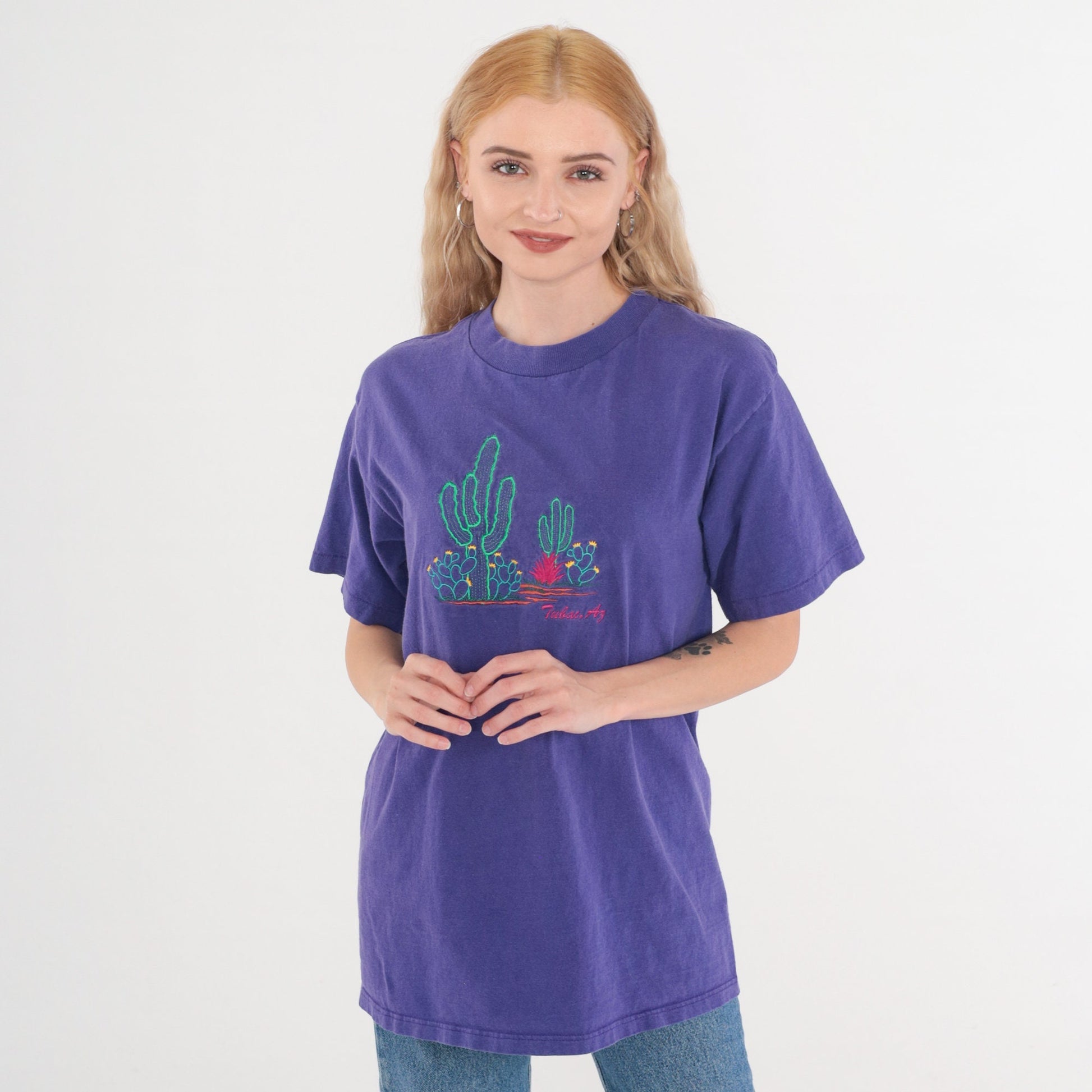 90s Tubac Arizona Cactus Embroidered T-Shirt Purple Graphic Tee Medium