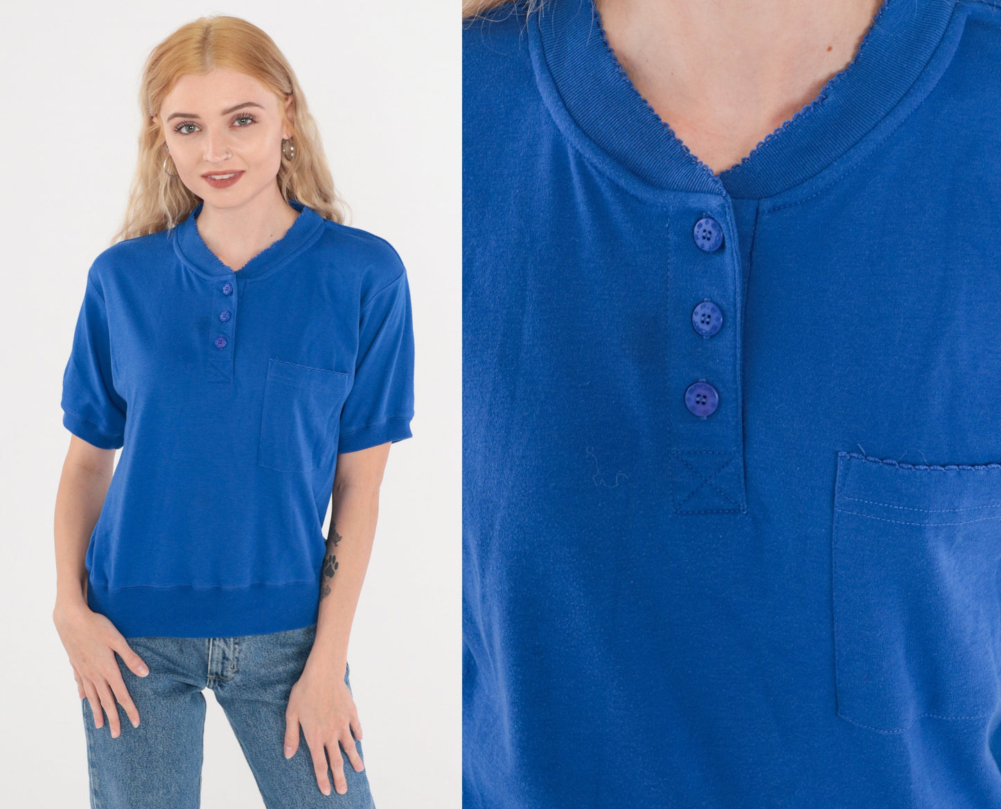 80s Royal Blue Henley Shirt Short Sleeve Banded Hem Small