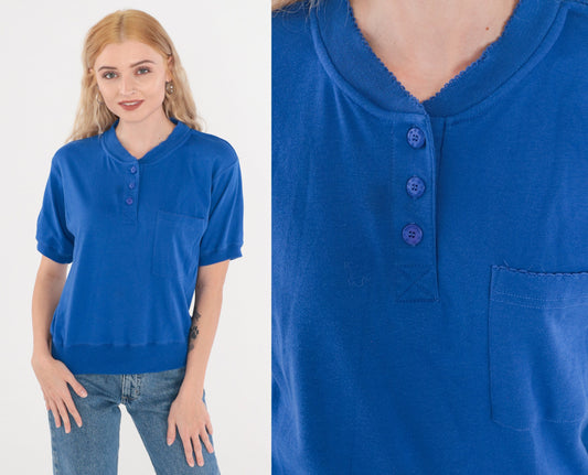 80s Royal Blue Henley Shirt Short Sleeve Banded Hem Small