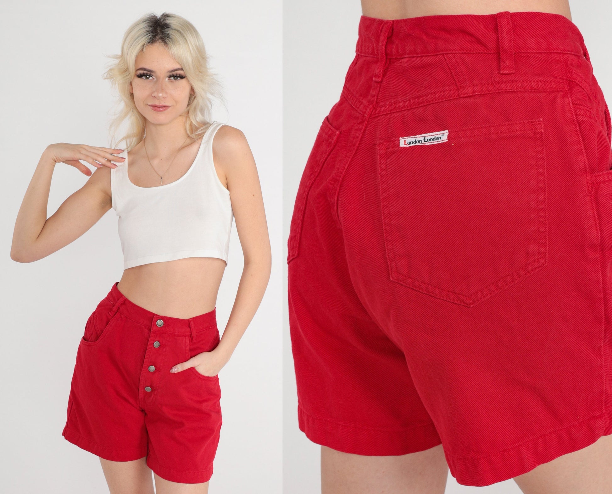 90s Red Denim Shorts High Rise Button Fly Jean Shorts Extra Small XS