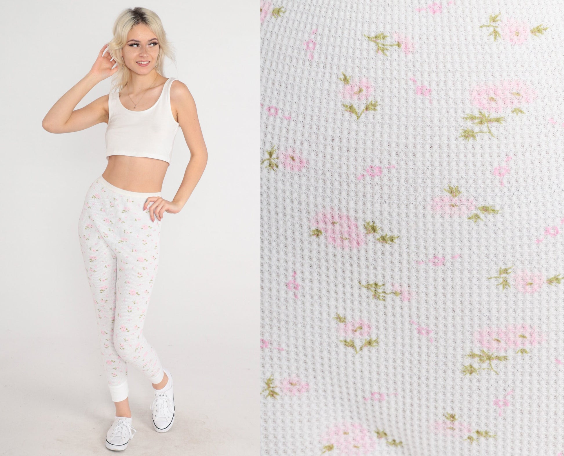 80s Lady Arctex Floral Thermal Pants White Waffle Knit Pink Print XS
