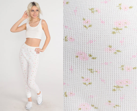 80s Lady Arctex Floral Thermal Pants White Waffle Knit Pink Print XS