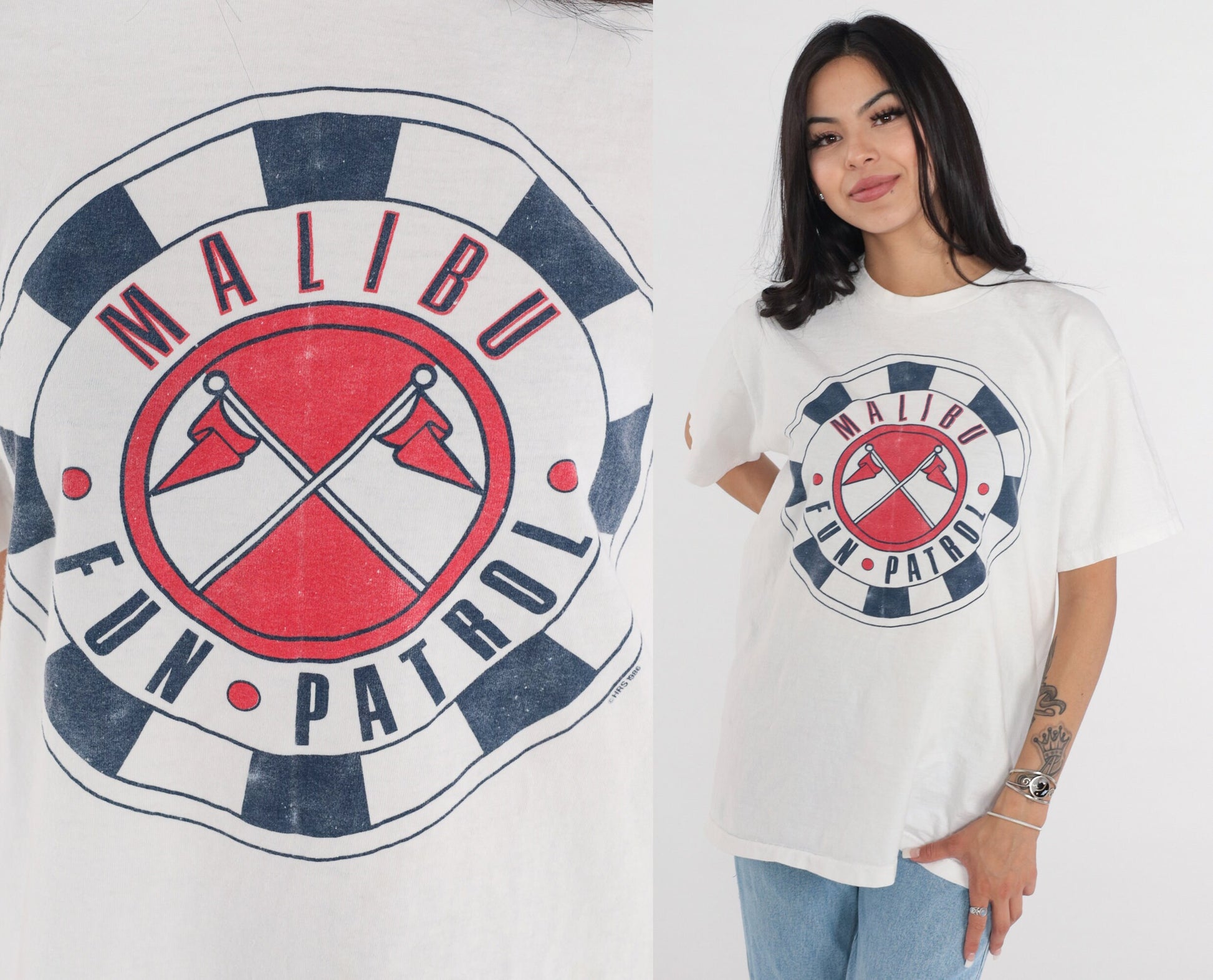 90s Malibu Fun Patrol Graphic T-Shirt White Single Stitch California Large