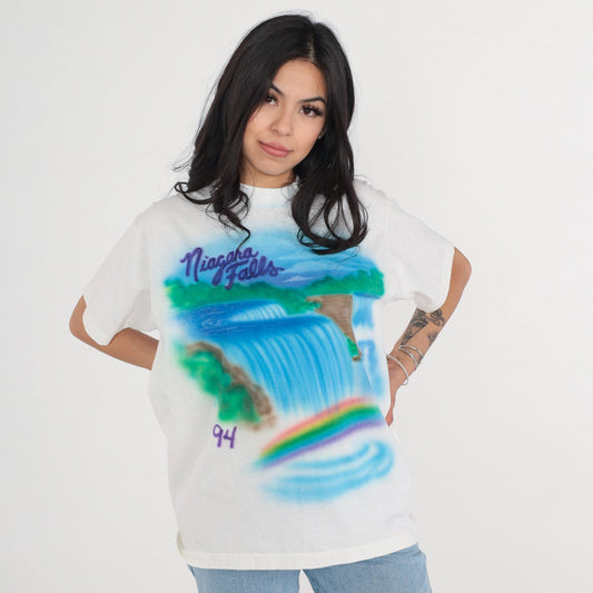 90s Niagara Falls Airbrush T-Shirt Rainbow Waterfall Graphic Tee White Large L