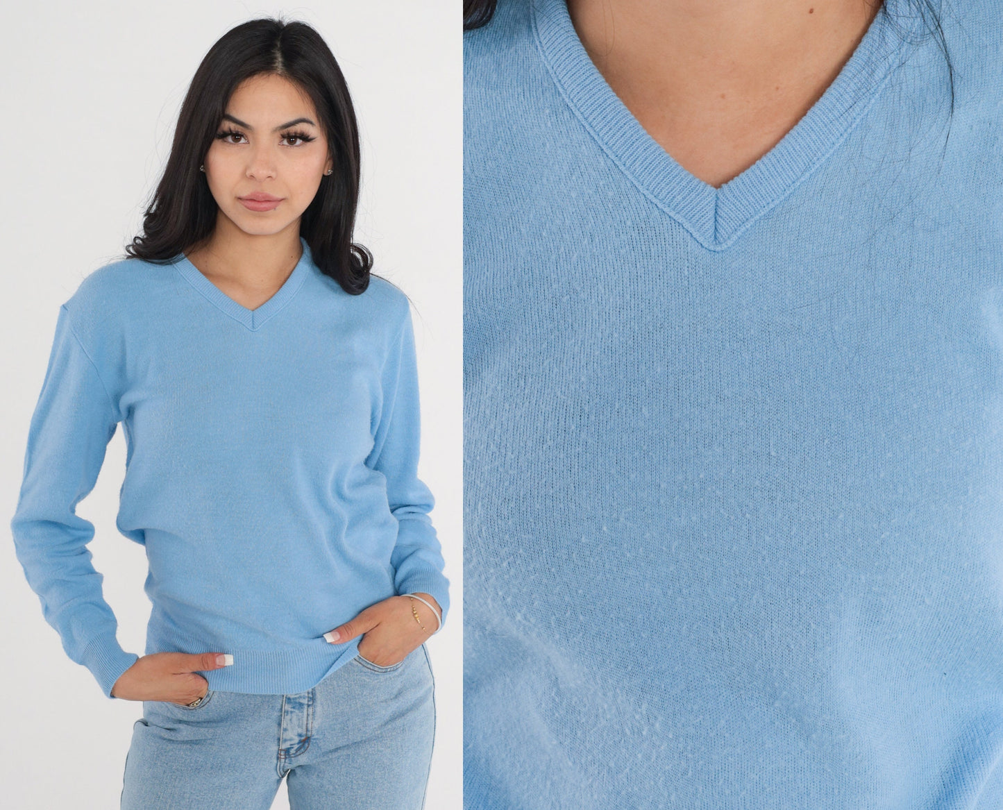 80s Cornflower Blue V-Neck Knit Pullover Sweater Small Medium