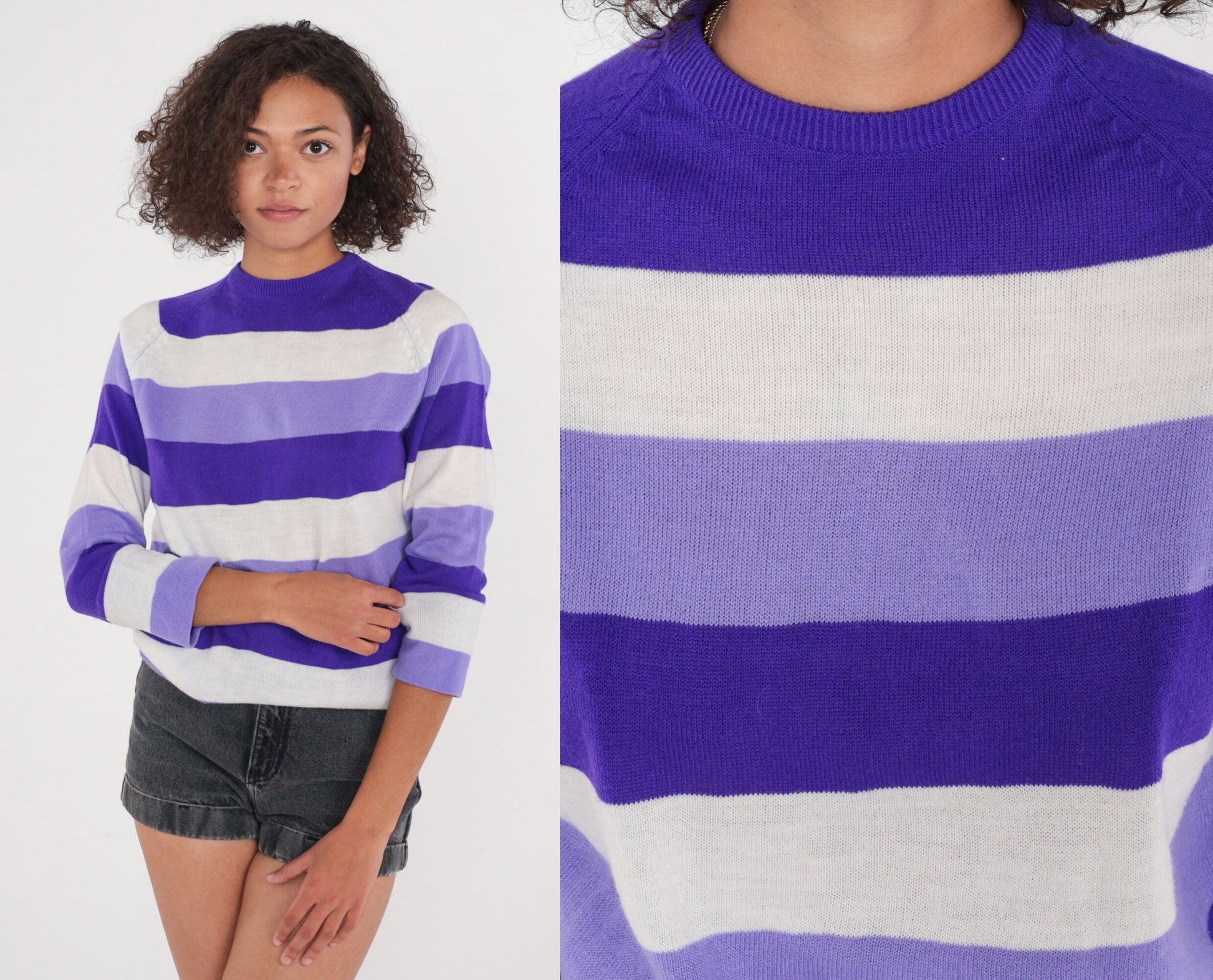70s Striped Knit Sweater Purple Lavender White Raglan Sleeve Extra Small