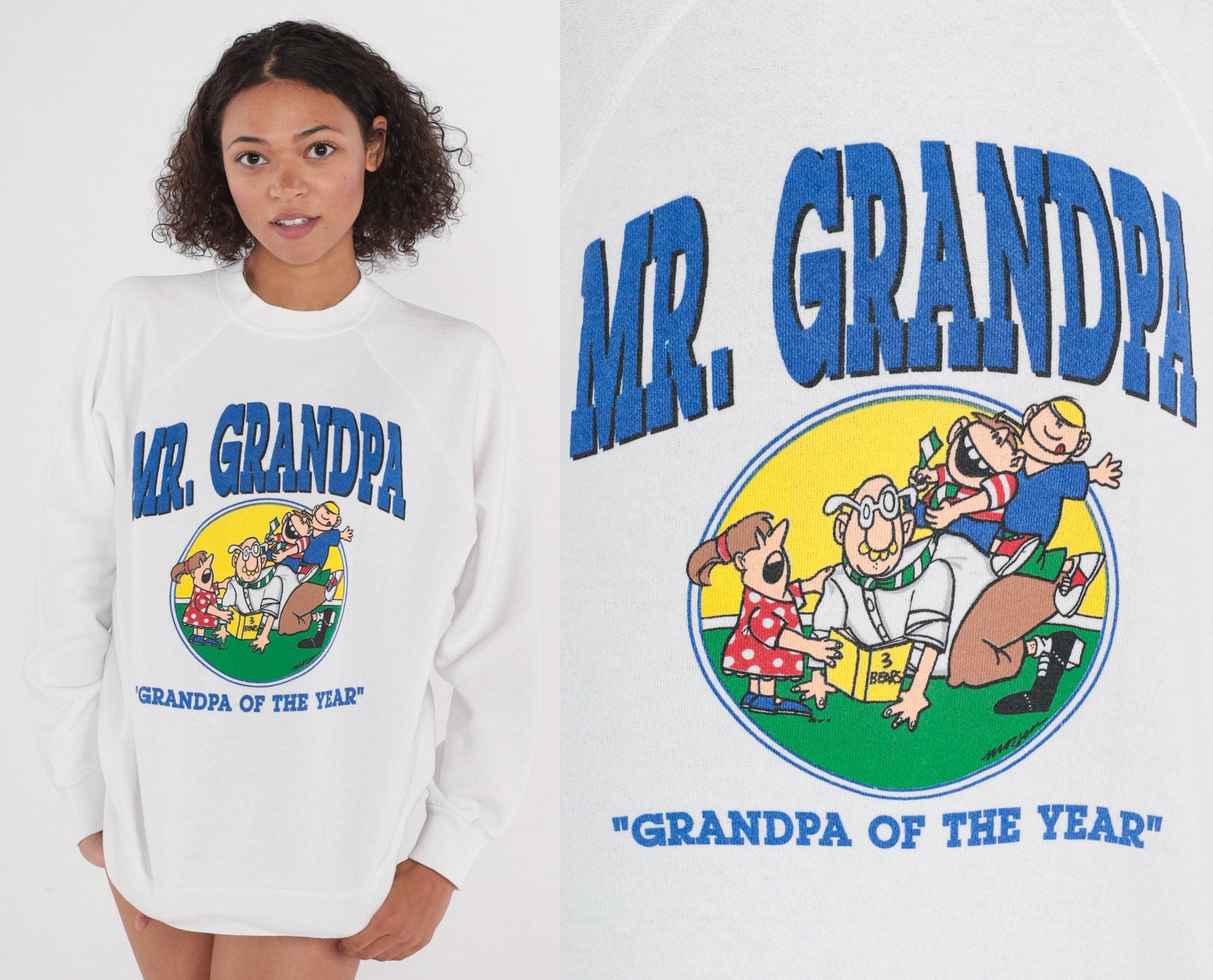 90s Mr. Grandpa of The Year Raglan Sweatshirt White Graphic Crewneck Large L