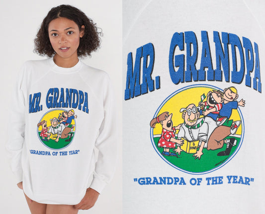 90s Mr. Grandpa of The Year Raglan Sweatshirt White Graphic Crewneck Large L