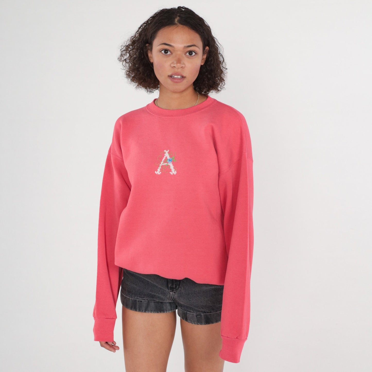 90s Pink Monogrammed A Sweatshirt Embroidered Crewneck Pullover Large L