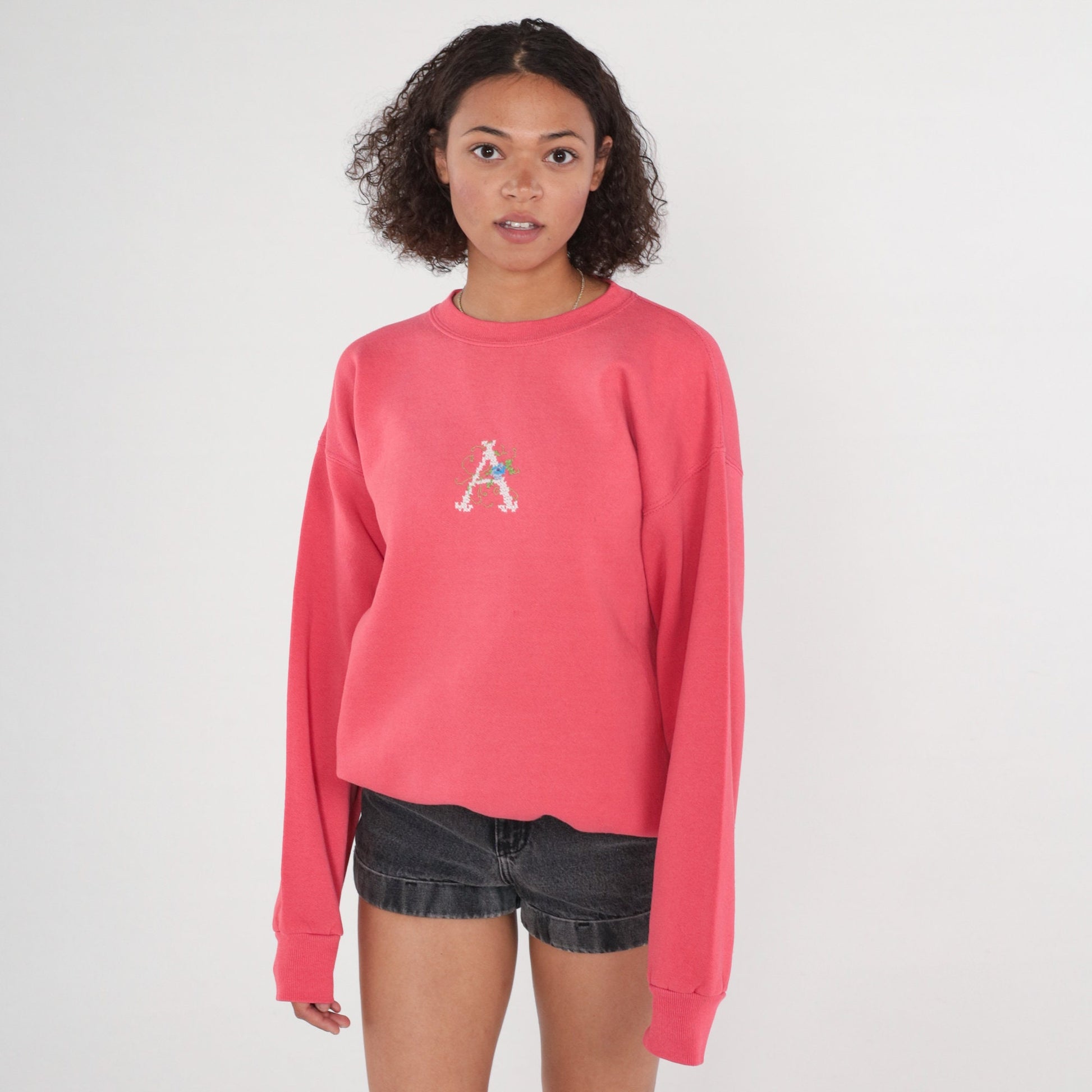 90s Pink Monogrammed A Sweatshirt Embroidered Crewneck Pullover Large L