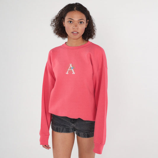 90s Pink Monogrammed A Sweatshirt Embroidered Crewneck Pullover Large L