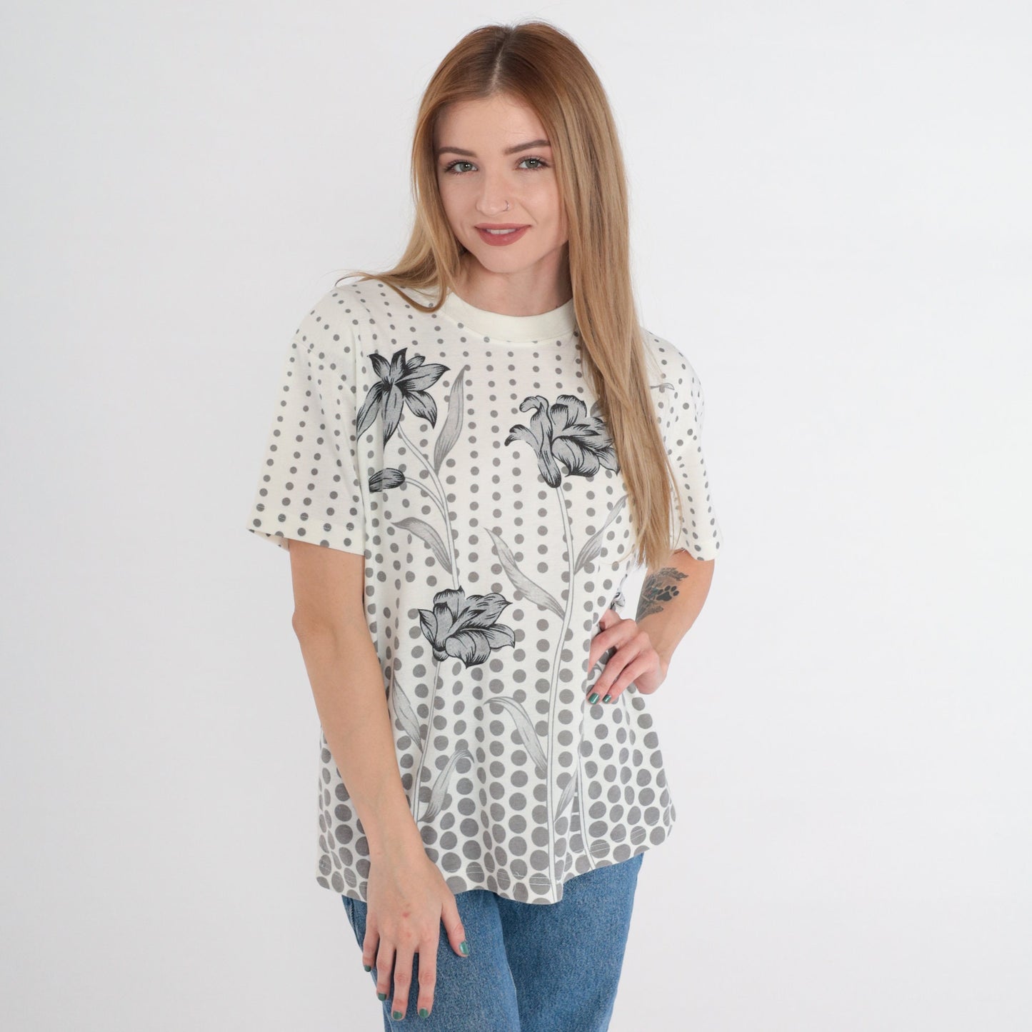90s Floral Polka Dot Graphic Tee White Grey Cotton T-Shirt Large L