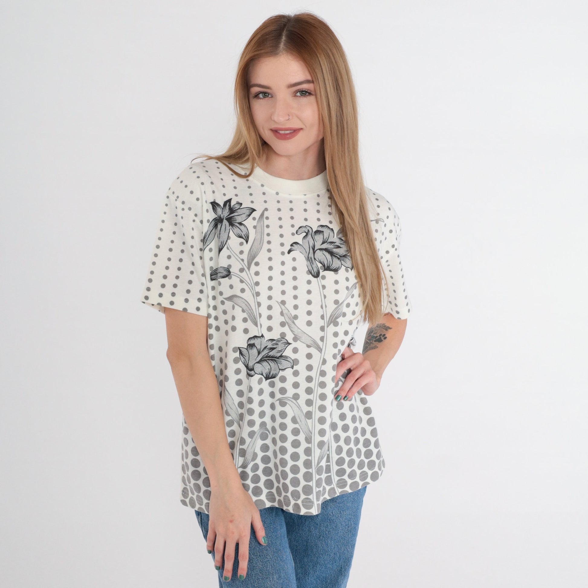 90s Floral Polka Dot Graphic Tee White Grey Cotton T-Shirt Large L