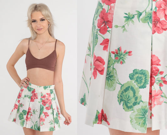 80s Floral Pleated Tennis Skirt White Mini High Waist Red Green Extra Small