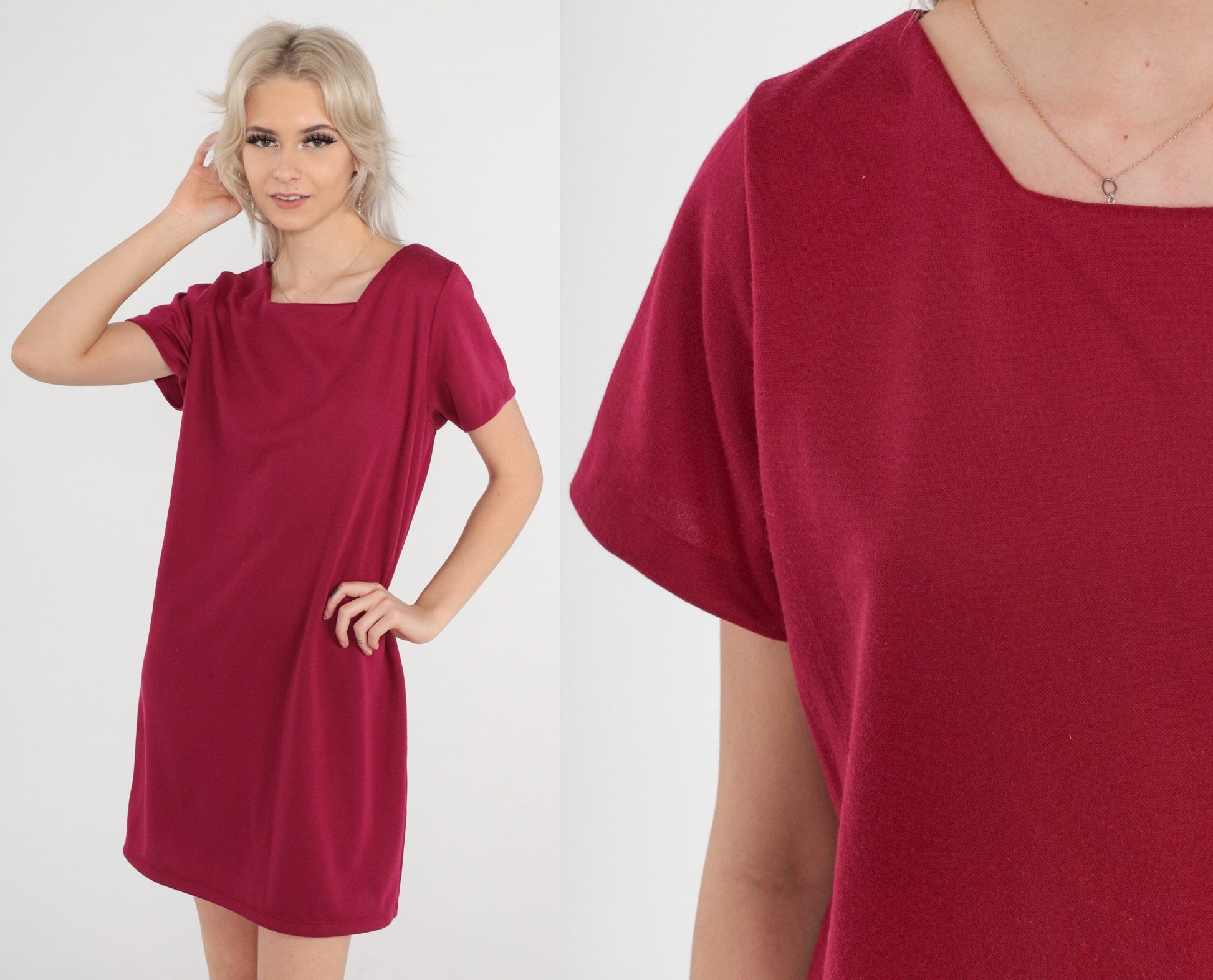 70s Raspberry Shift Dress Mini Length Short Sleeve Medium