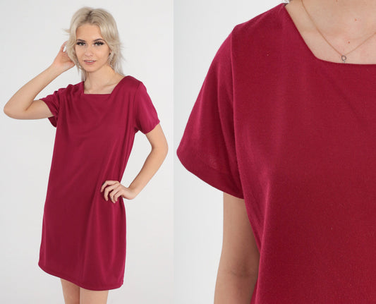 70s Raspberry Shift Dress Mini Length Short Sleeve Medium