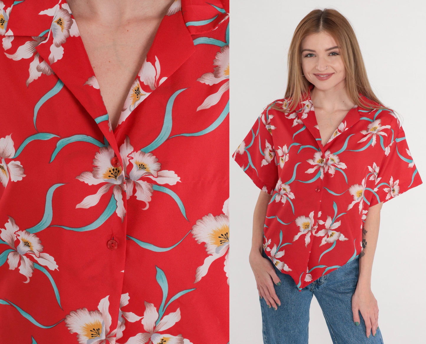 90s Red Tropical Floral Button-Up Shirt Tie Front Short Sleeve Medium M
