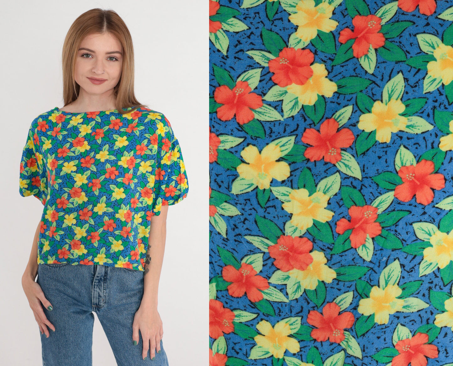 90s Tropical Hibiscus Floral Rayon Shirt Blue Short Sleeve Small