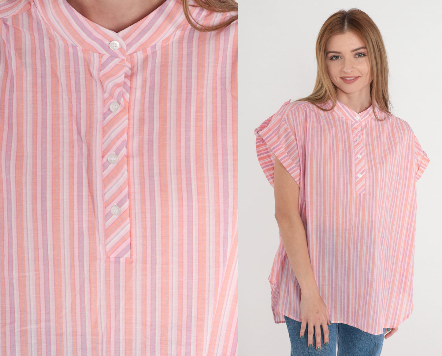 80s Striped Half-Button Blouse Pink Orange Purple Cap Sleeve Extra Large XXL