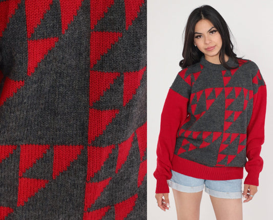 80s Pringle of Scotland Wool Geometric Sweater Red Grey Crewneck Medium