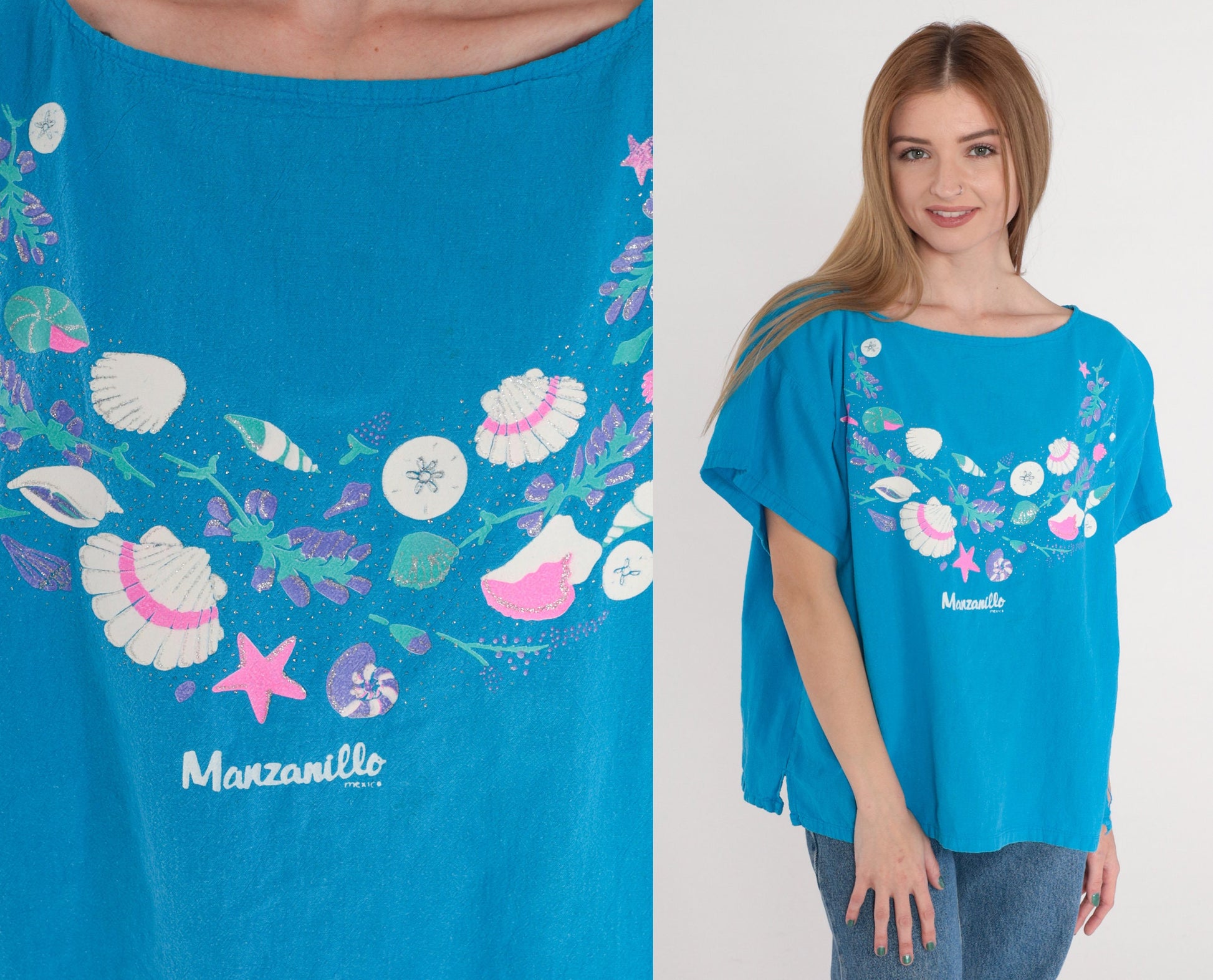 90s Manzanillo Mexico Blue Seashell Starfish Glitter Blouse Extra Large XL