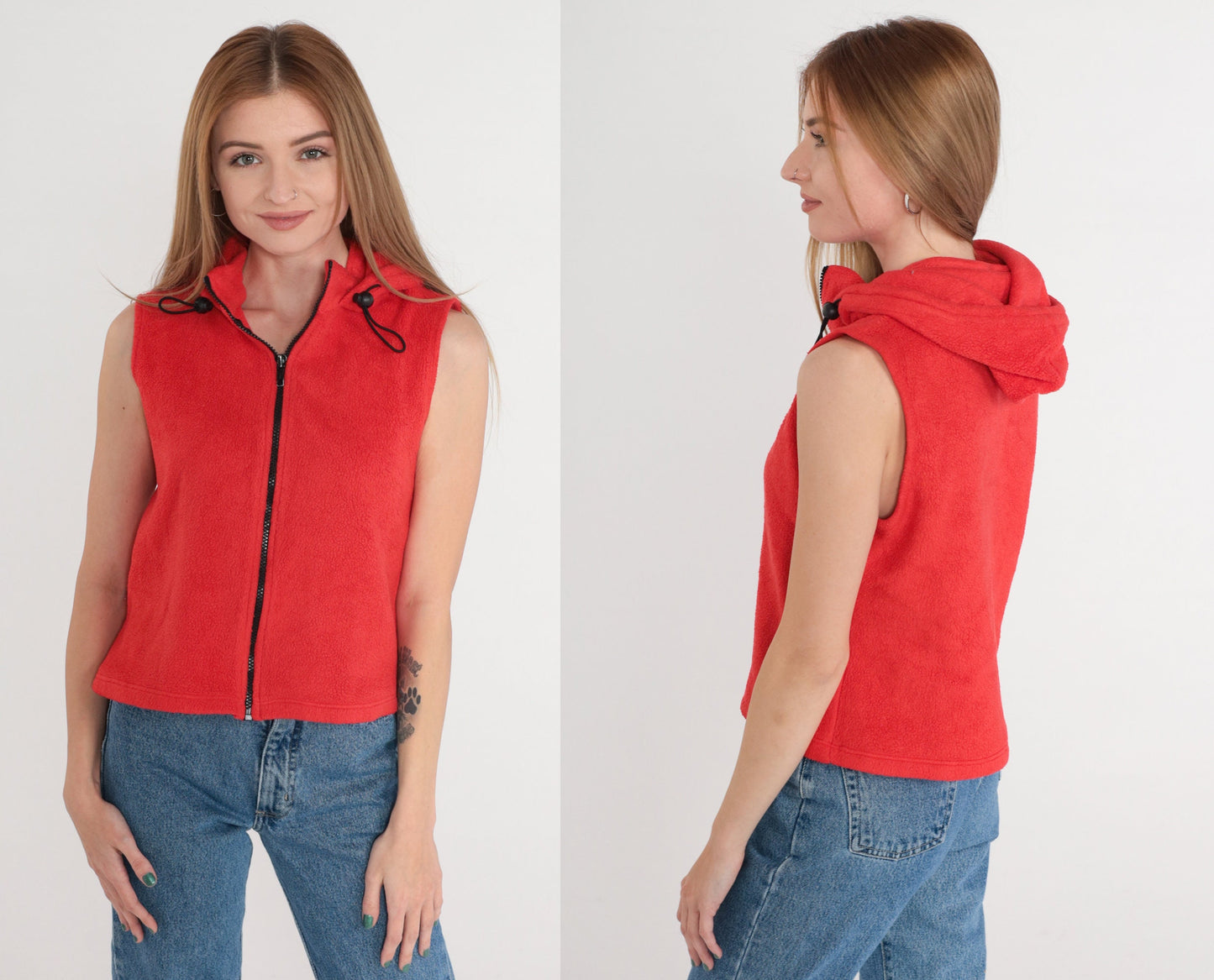 90s Forever 21 Red Fleece Hooded Zip Vest Small