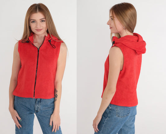 90s Forever 21 Red Fleece Hooded Zip Vest Small