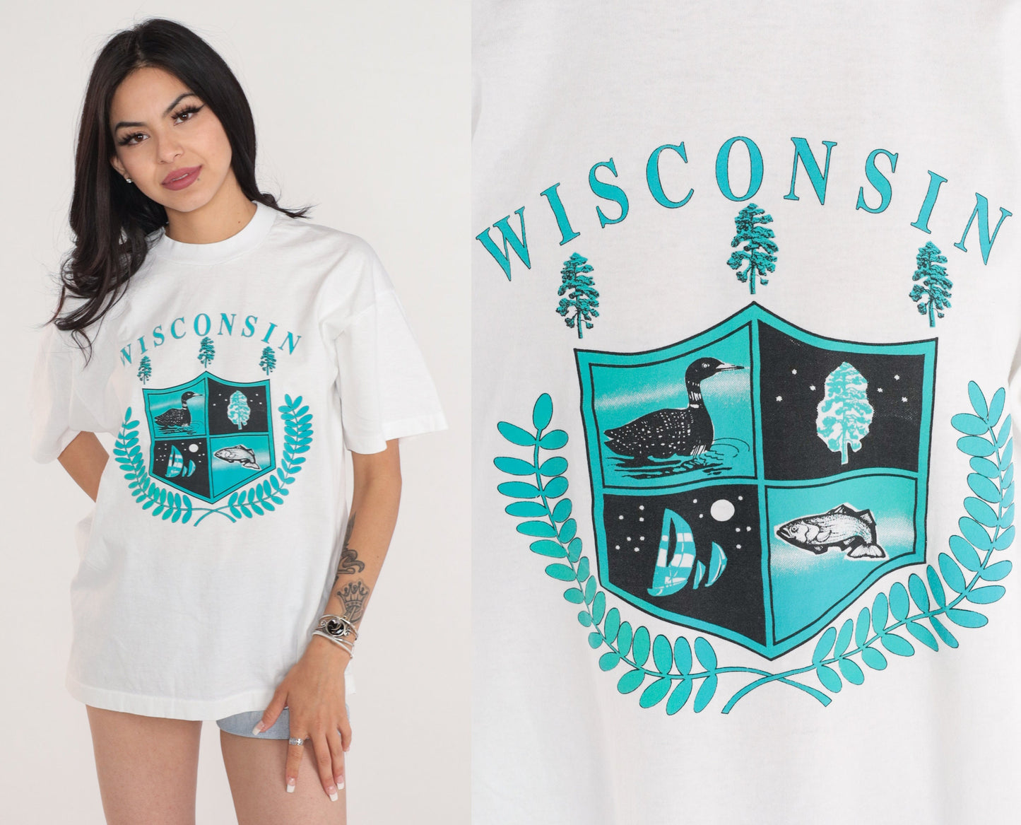 90s Wisconsin State Crest Graphic T-Shirt Single Stitch White Extra Large XL