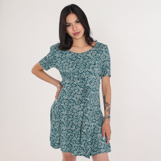 90s Blue Green Ditsy Floral Mini Dress Lace Up Corset Short Sleeve Medium