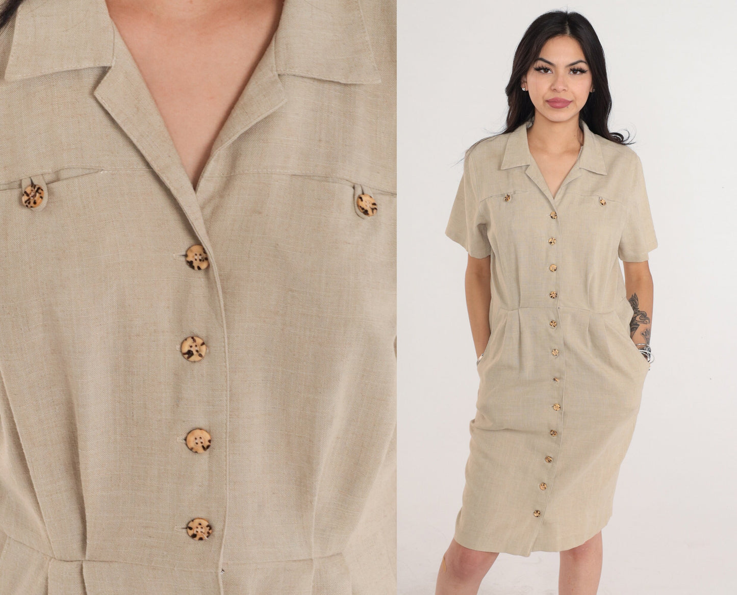 90s Tan Linen Button-Up Mini Dress Collared Sheath Petite Medium