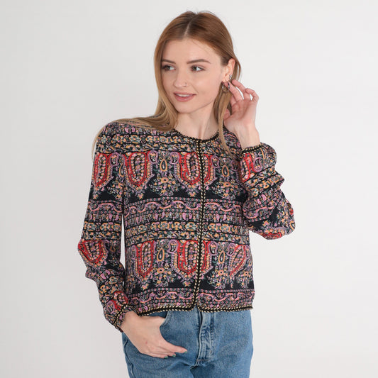 90s Maggie London Silk Blouse Black Paisley Floral Puff Sleeve Medium