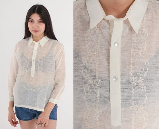 70s Floral Embroidered Cream Blouse Collared Half-Button 3/4 Sleeve Small
