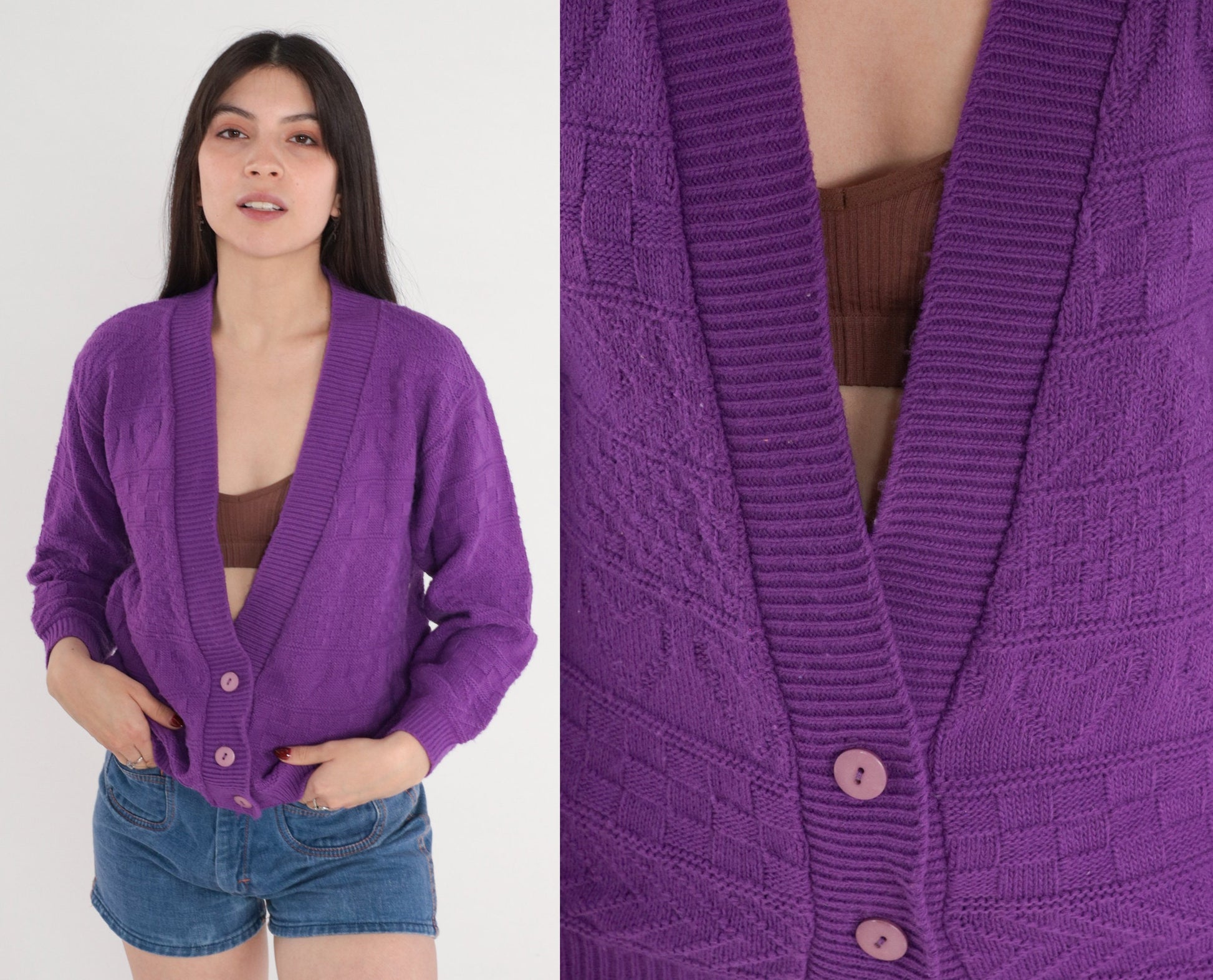 80s Purple Cardigan Textured Knit Button-Up Sweater Heart Chevron Small