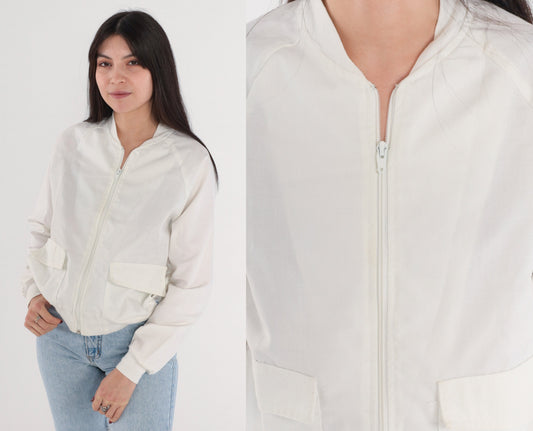 70s White Bomber Jacket Raglan Sleeve Zip Front Small
