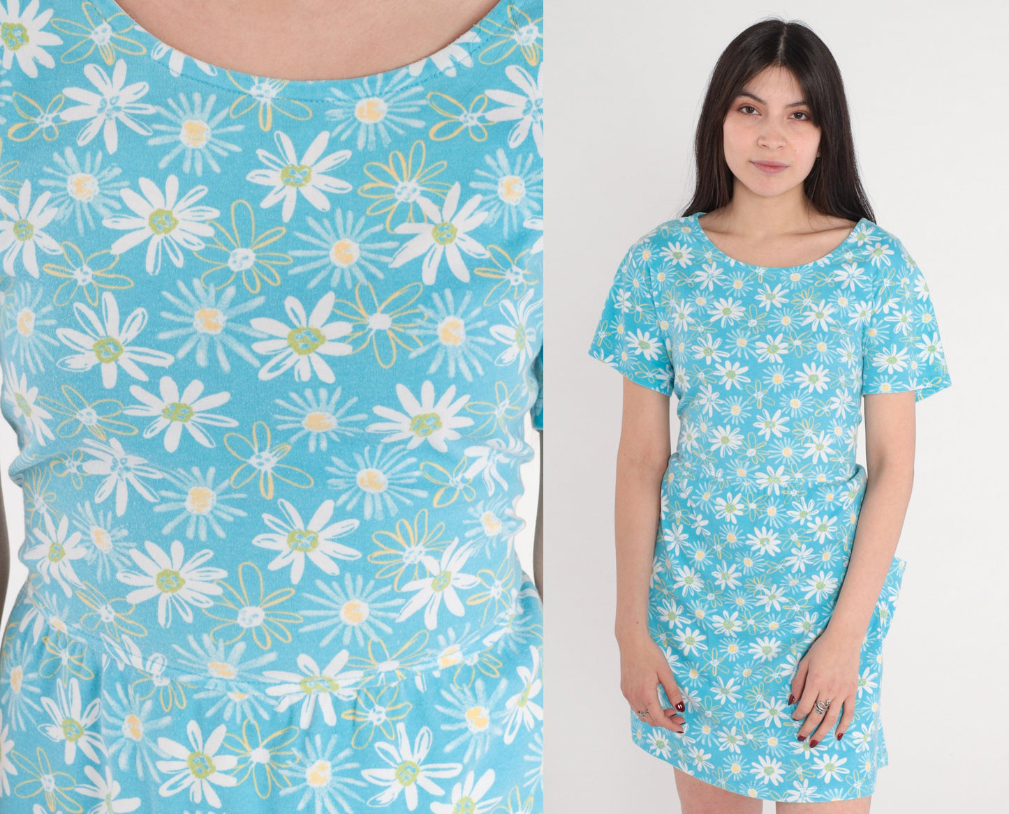 90s Bobbie Brooks Daisy Floral Mini Dress Blue High Waisted Pockets Large