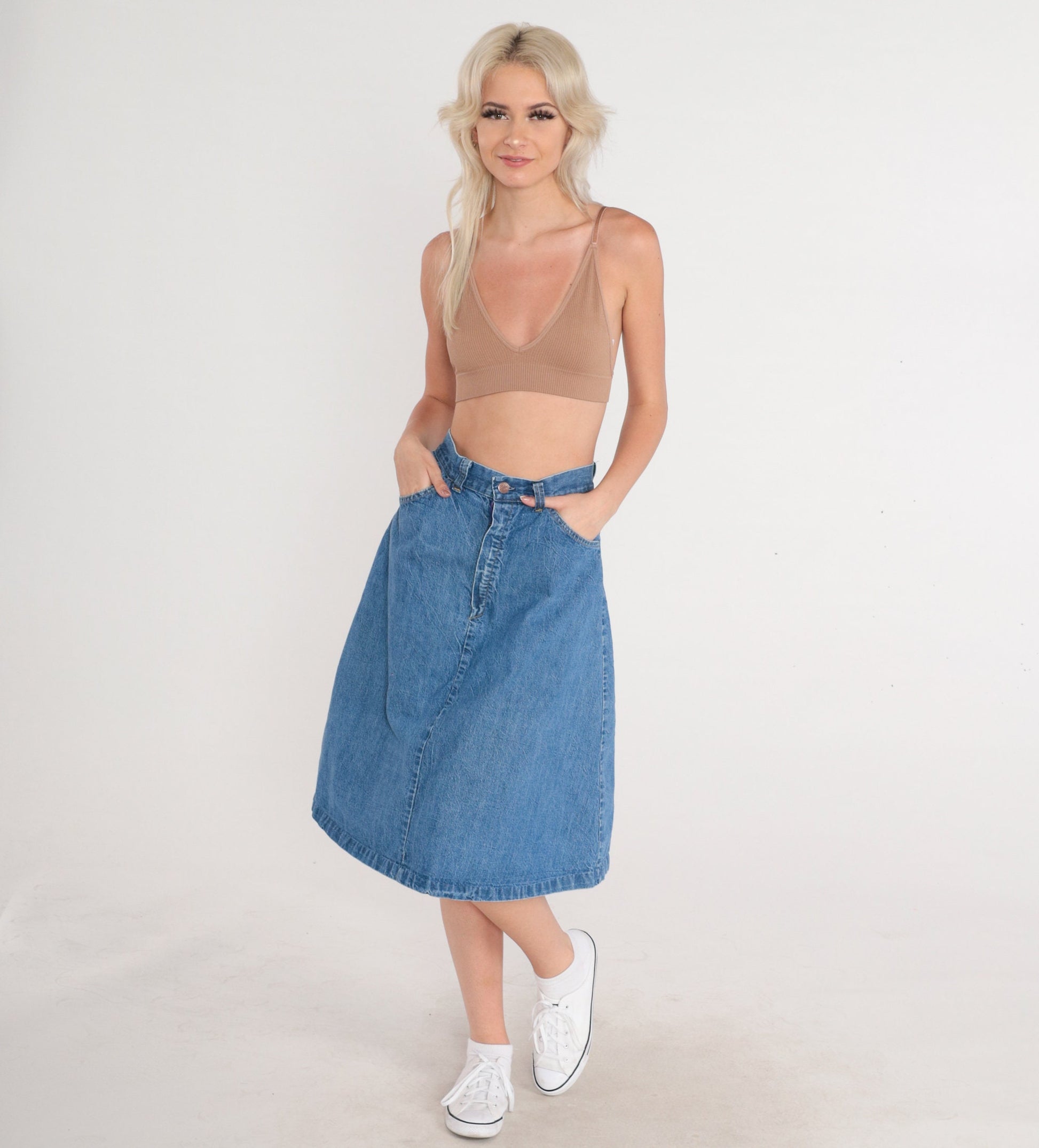 80s Blue Denim Midi Skirt A-Line High Waist Star Pocket Small