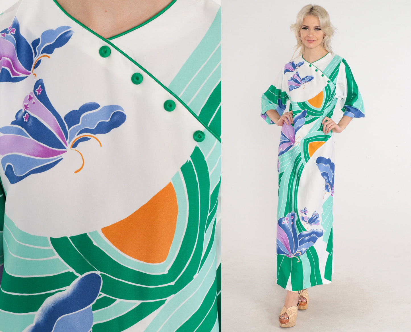 70s Butterfly Maxi Dress White Green Purple Psychedelic Print Button Front XS