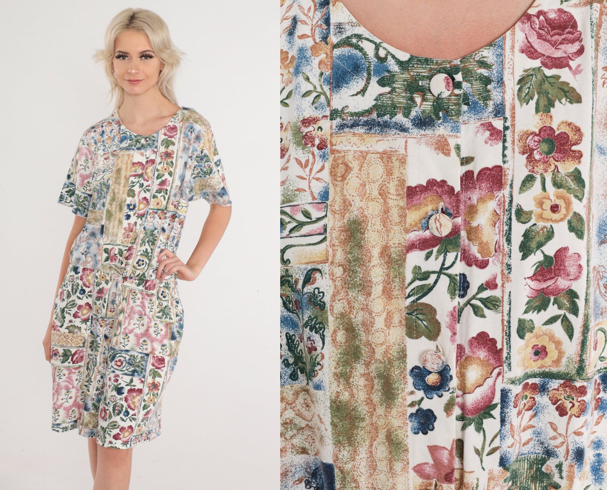 90s New Look Floral Button-Up Romper Knee-Length Wide Leg Cotton Medium M