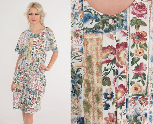 90s New Look Floral Button-Up Romper Knee-Length Wide Leg Cotton Medium M