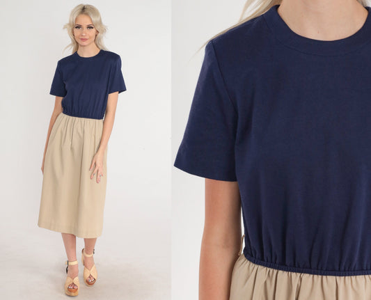 80s Colorblock Midi Dress Navy Tan High Waist Short Sleeve Medium