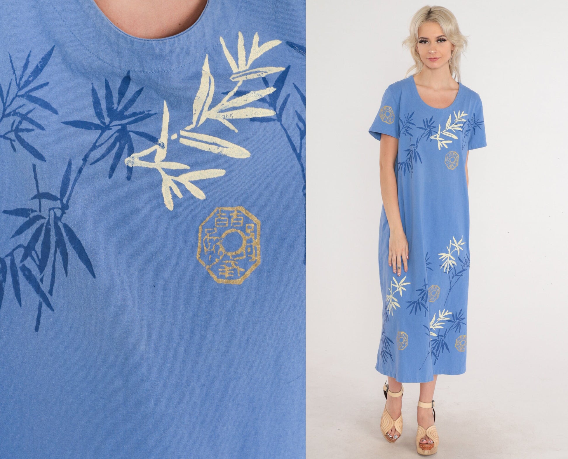 90s Bamboo Chinese Hanzi Print Cotton Midi Dress Blue Short Sleeve Large L