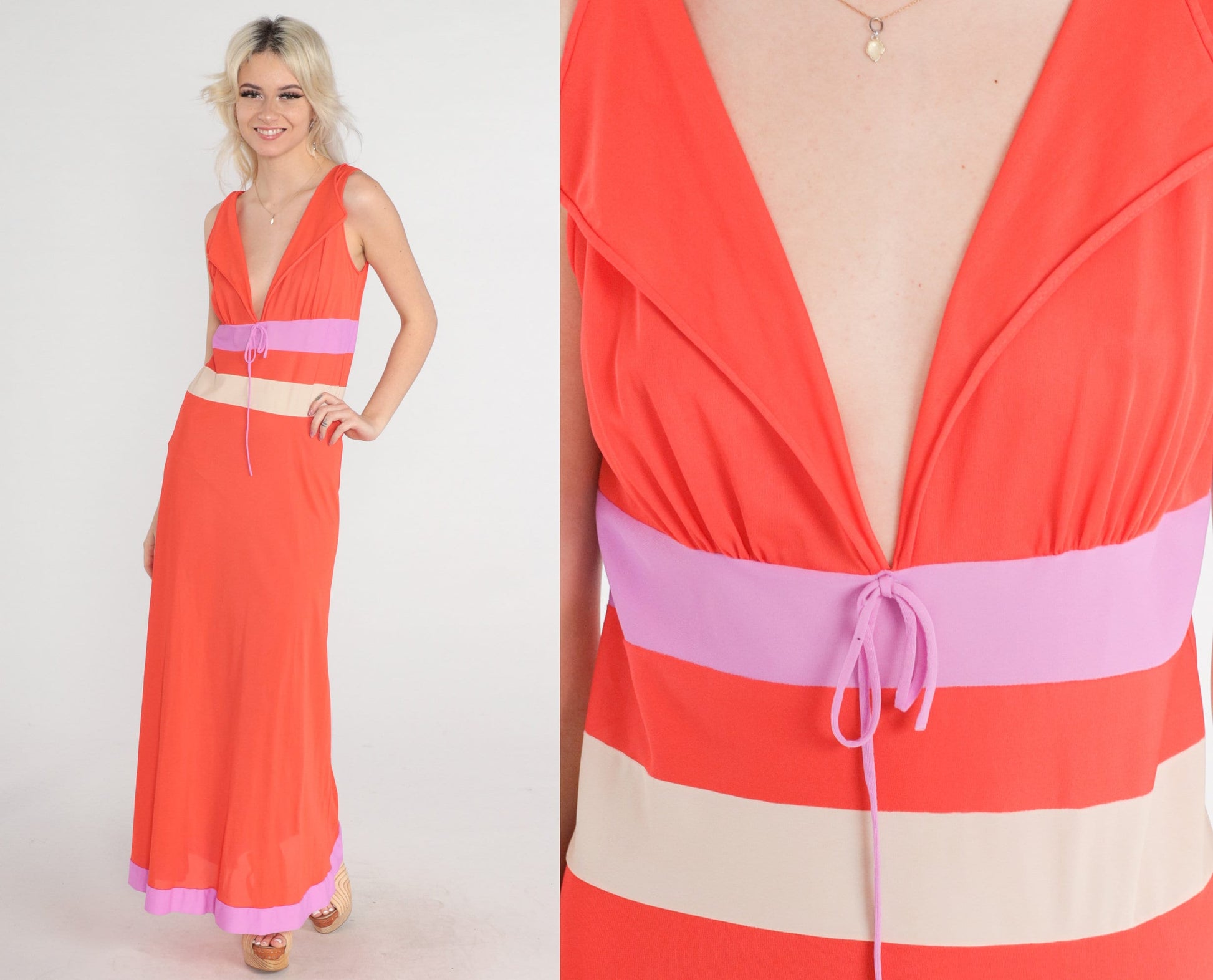 70s Orange Nylon Maxi Slip Dress Deep V Neck Empire Waist Nightgown Small