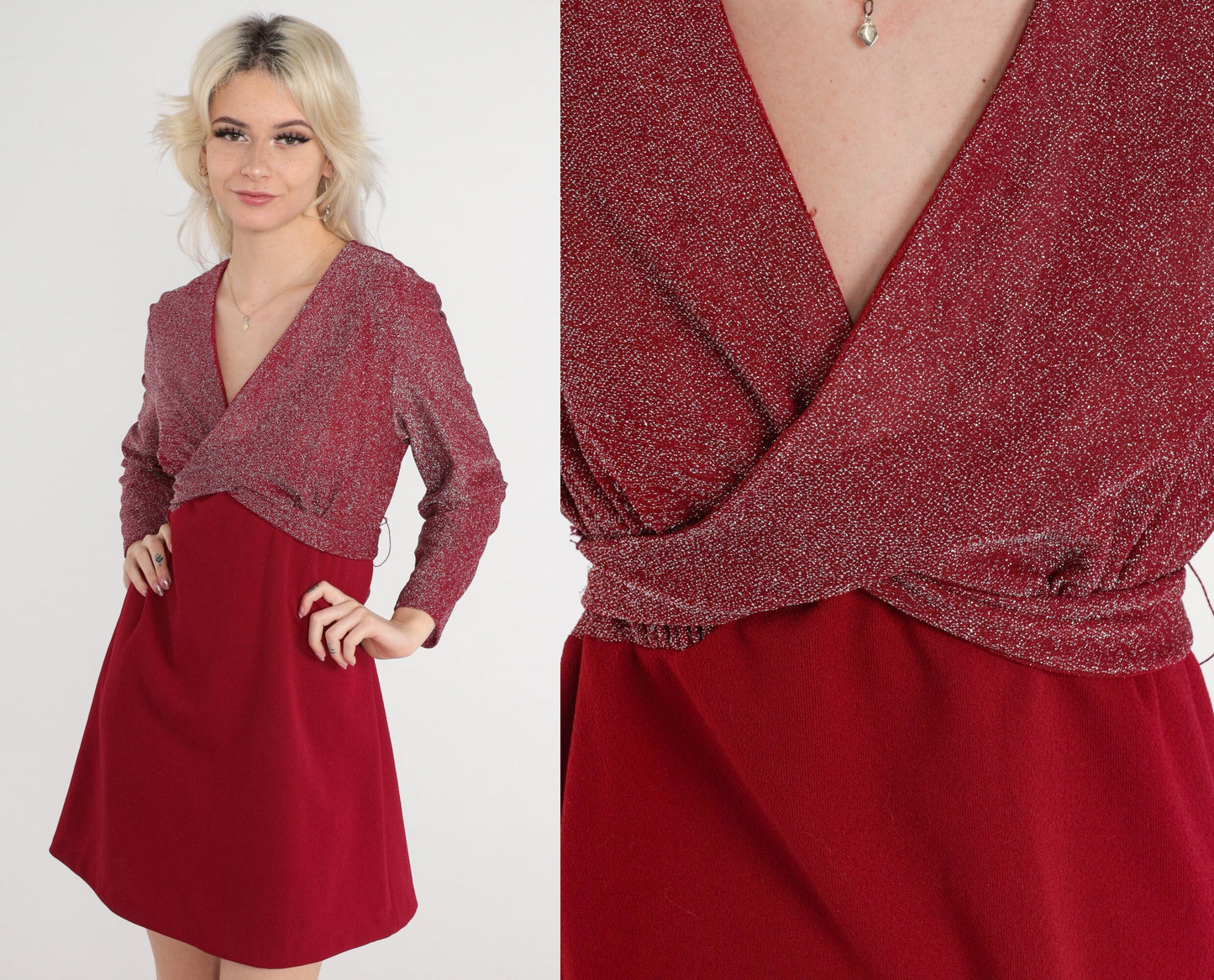 70s Metallic Red Mini Dress Empire Waist Wrap Long Sleeve Medium