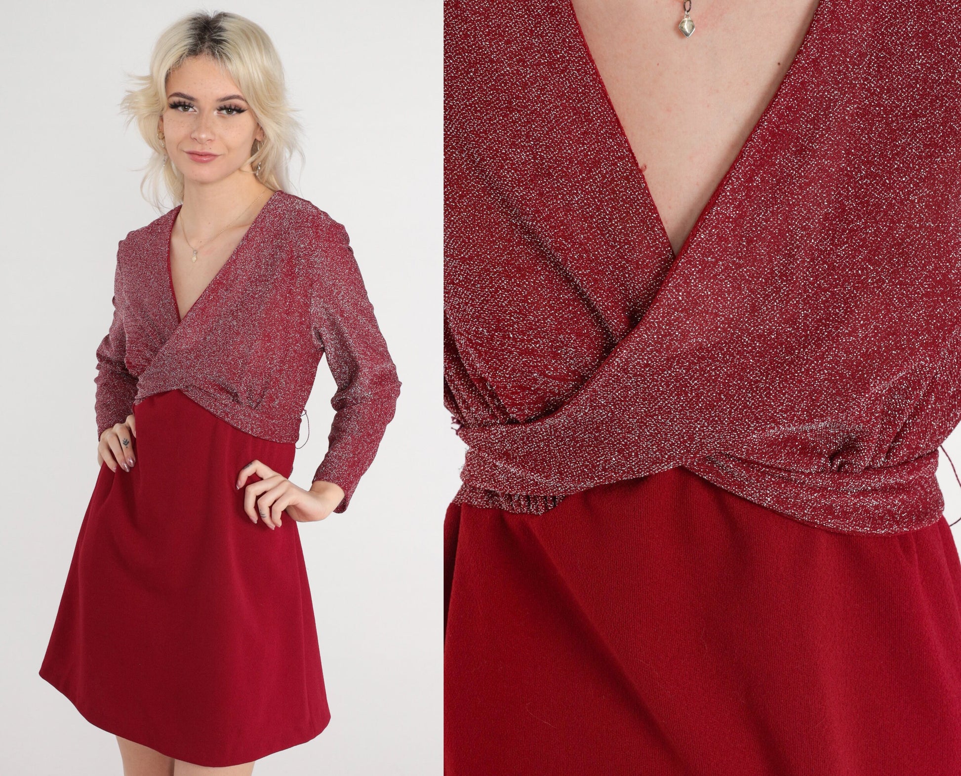 70s Metallic Red Mini Dress Empire Waist Wrap Long Sleeve Medium