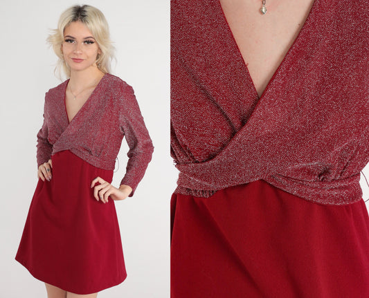 70s Metallic Red Mini Dress Empire Waist Wrap Long Sleeve Medium
