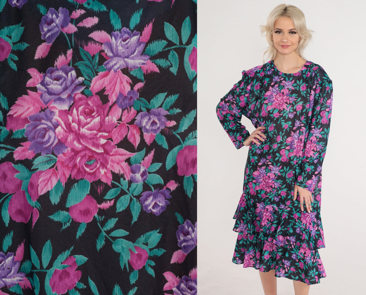 80s Floral Midi Dress Puff Sleeve Tiered Ruffle Black Pink Purple Plus Size 24