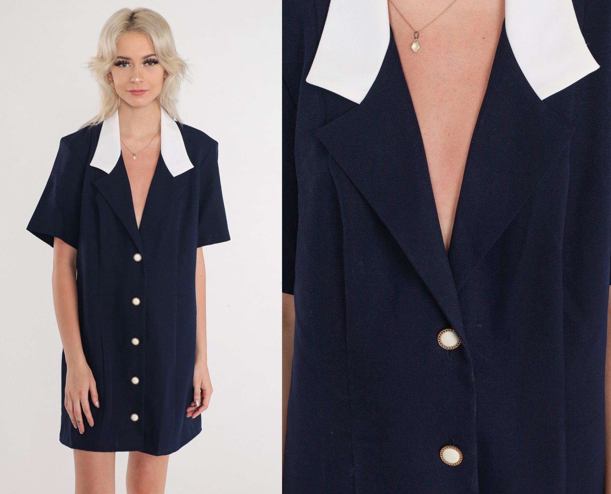 80s Navy Blue Mini Shirtdress Collared Button-Up White Trim Large L