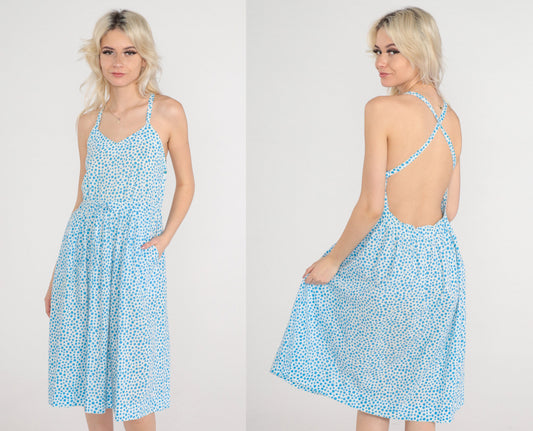 70s Polka Dot Criss-Cross Backless Midi Sundress White Blue Medium